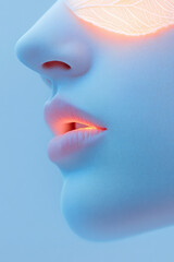 A minimal shot of a womanâ€™s lips under translucent blue leaf edges, soft illumination pulsing to