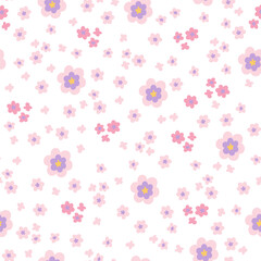 Vector seamless millefleur pattern. Small various stylized purple-pink flowers on a pink background