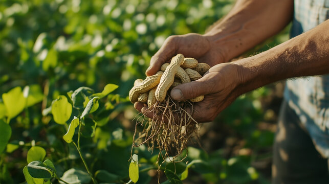 A man is holding a bunch of peanuts in his hand