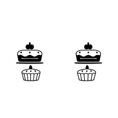 Simple monochrome illustration of two cake icons. Features show a top cake with two berries and a small cupcake.