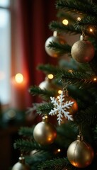 Fototapeta premium Snowflake ornaments on a Christmas tree with candles, decoration, christmas