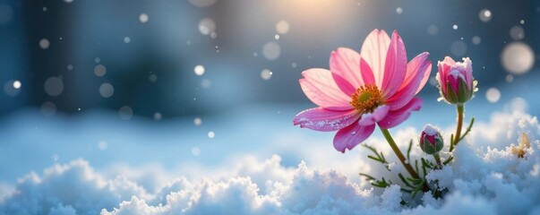 Snowflakes dance around a winter flower in a winter scene, peaceful, winter wonderland
