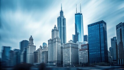 Fototapeta premium A breathtaking cityscape showcasing a cluster of modern and classic skyscrapers under a dramatic sky