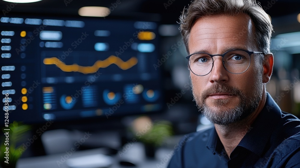Poster corporate financial analyst reviewing data charts and reports during an office meeting with colleagu