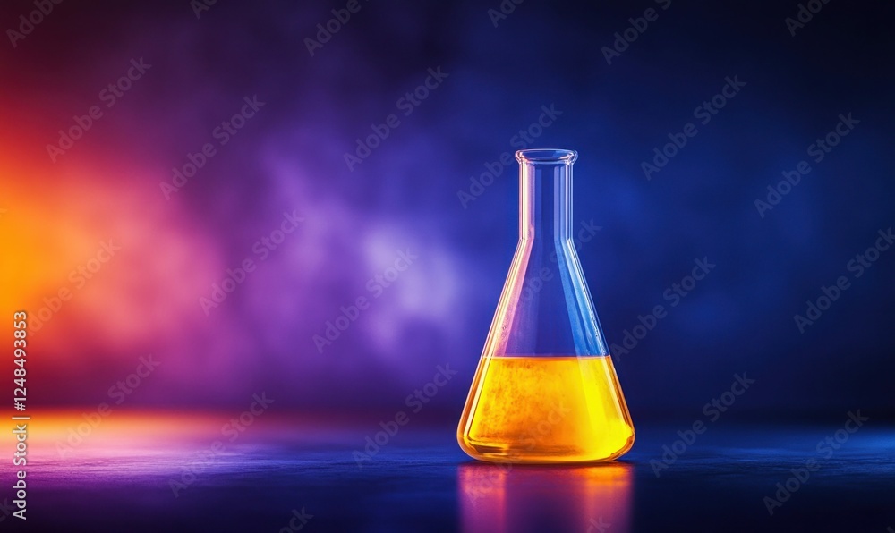 Poster laboratory flask with orange liquid on gradient background