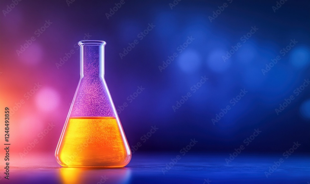 Poster laboratory flask with orange liquid on gradient background