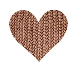 The heart is filled with a knitted texture. Mocha Mousse color. Isolated on white background. Uniform vertical stitches. Valentine's Day. Love. Romance. Wedding.