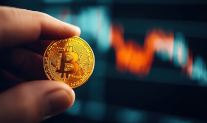 Hand Holding Bitcoin Coin with Financial Chart Background