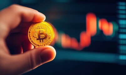 Hand Holding Bitcoin Coin with Financial Chart Background