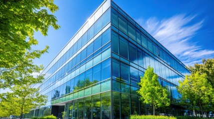 Glass building with green trees and blue sky in the background- eco-friendly office space concept.