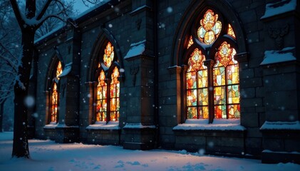 Obraz premium Snowflakes gently fall on the church's stained glass windows, frosty, snowfall, night