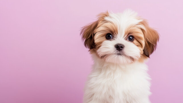 Adorable Shih Tzu Puppy on Soft Pink Background Looking Curious