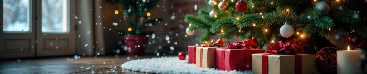 Snowflakes gently falling on a decorated Christmas tree, presents, wreath