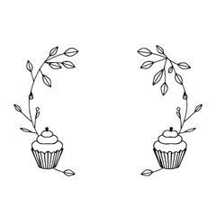 Black and white illustration of two cupcakes with floral vines, creating a symmetrical frame.