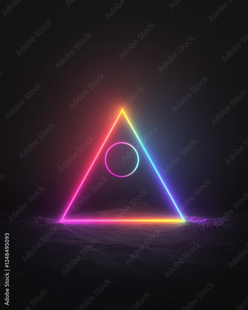 Poster a minimal yet powerful image of a glowing triangle portal, highlighted by vibrant ribbons of