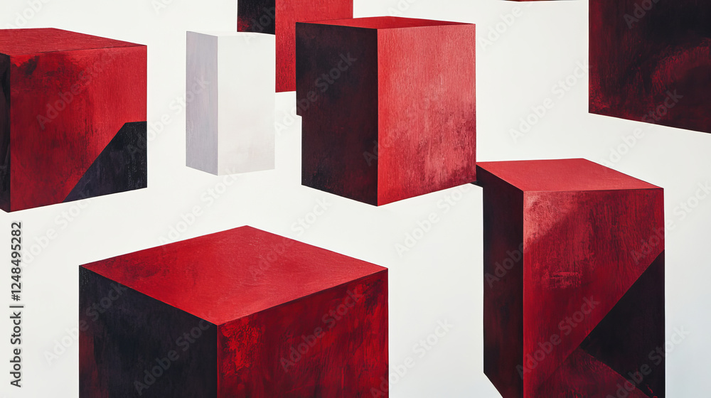 Poster red flying cubes and boxes in in front of white background abstract 3 render illustration