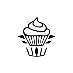 Minimalist Cupcake with a Swirl of Frosting and surrounding with leaves, black outline on a white background.