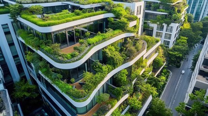 Green roof gardens in a city- an ecofriendly urban development with sustainable architecture and vertical gardens on buildings.
