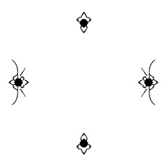 Abstract black floral pattern, symmetrical design featuring four decorative elements, set on a white background.