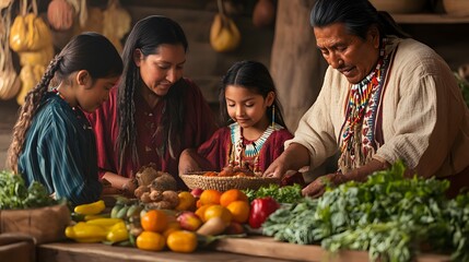 Native American Family Preparing Traditional Meal