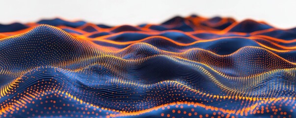 Abstract blue dark background with orange dots and lines- creating a wave pattern on the surface of mountains- 3D rendering- white background- high resolution