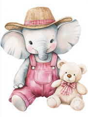 Cute elephant wearing straw hat and pink overalls, holding teddy bear