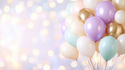 Pastel and gold balloons on sparkly bokeh background festive celebration decoration concept