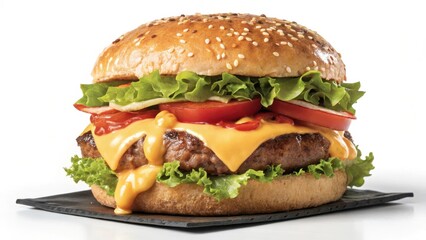 A mouthwatering cheeseburger, featuring a juicy patty, melted cheese, fresh lettuce, ripe tomatoes, and a sesame seed bun, rests on a dark slate