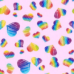Seamless pattern rainbow hearts hand drawn