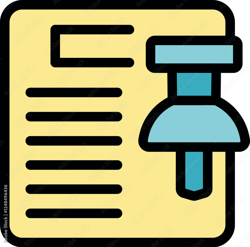 Poster push pin is holding a document with lines of text on a bulletin board, representing reminders and or