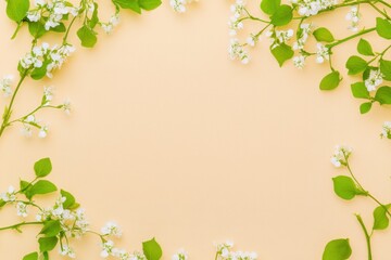 Delicate white blossoms and green leaves arranged in a frame on a pastel yellow background, creating a fresh and elegant spring composition