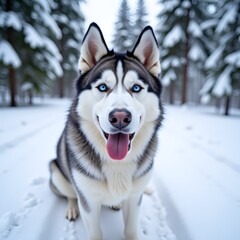 Naklejka premium Siberian husky in snowy forest with blue eyes and tongue out
