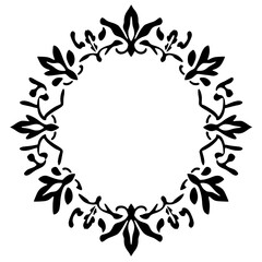 Black and white, circular floral frame with stylized leaves.