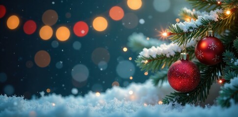 Twinkling winter wonderland scene featuring fir branches topped with glittering red ornaments and colorful holiday lights, branches, , fir