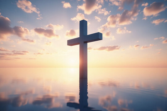 large dark blue cross on reflective surface colorful sunset sky