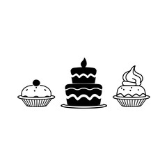 Black-and-White Cake and Cupcake Outlined Silhouettes
