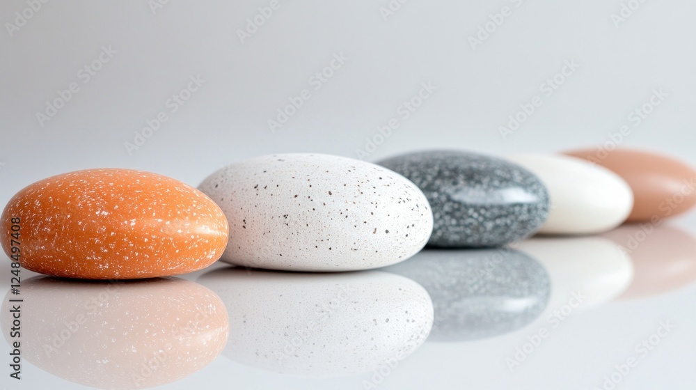 Poster speckled stones arranged in a row on a reflective surface