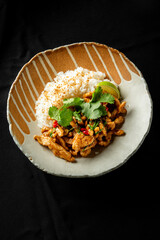 A delicious plate of stir-fried chicken with fresh herbs, garnished with cilantro and chili, served alongside fluffy white rice and lime wedges. Perfect for food lovers.
