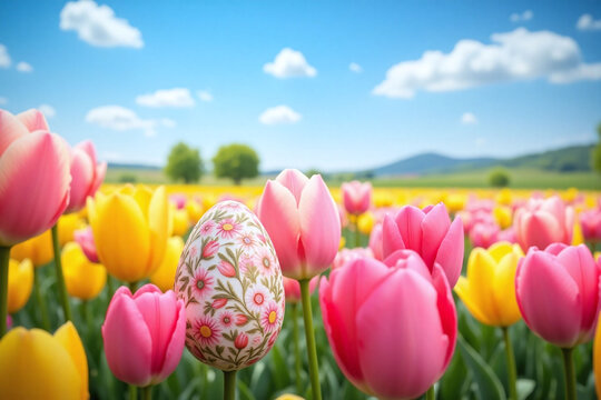 intricately decorated Easter egg in tulip field blue sky