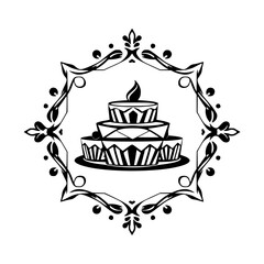 Monochrome tiered cake with a candle inside an ornate floral border.