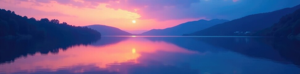 Fototapeta premium Abstract blue glow illuminates serene lake at dusk, natural light, sunset, lake