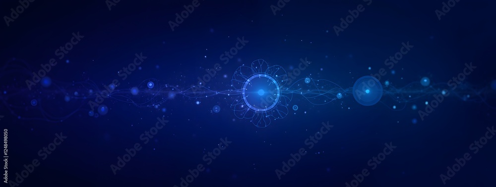 Poster abstract glowing blue digital wave with circular patterns on dark background