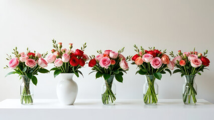 Fototapeta premium modern flower shop with beautiful flowers in identical vases in showcase, minimal white interior