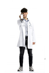 Male doctor, on a white background, full-length, with a phone