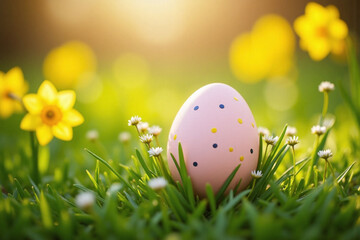intricately decorated Easter egg on grass pastel pink speckles