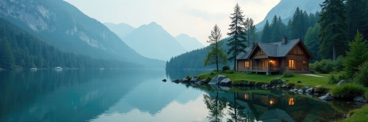Obraz premium An isolated cabin on the shores of a peaceful lake, solitude, isolated cabin, seclusion