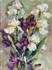 Abstract bright colored decorative background . Floral pattern handmade . Beautiful tender romantic bouquet of iris flowers , made in the technique of oil from nature.
