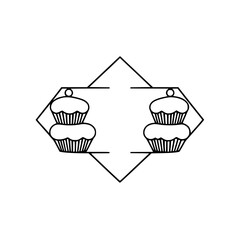 Symmetrical black and white stylized cupcake image inside a diamond shape.