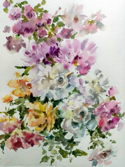 Abstract bright colored decorative background . Floral pattern handmade . Beautiful tender romantic bouquet of rose flowers , made in the technique of watercolors from nature.
