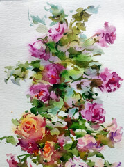 Abstract bright colored decorative background . Floral pattern handmade . Beautiful tender romantic bouquet of rose flowers , made in the technique of watercolors from nature.